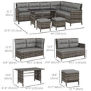 Wicker outdoor furniture set with dimensions on a white background