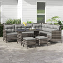 Grey outdoor patio furniture set with a sectional sofa and table on a stone patio.