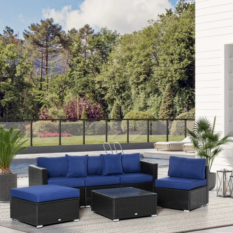 Century Bay 6 Piece Outdoor Patio Sectional Sofa and Table Set - Blue / Black