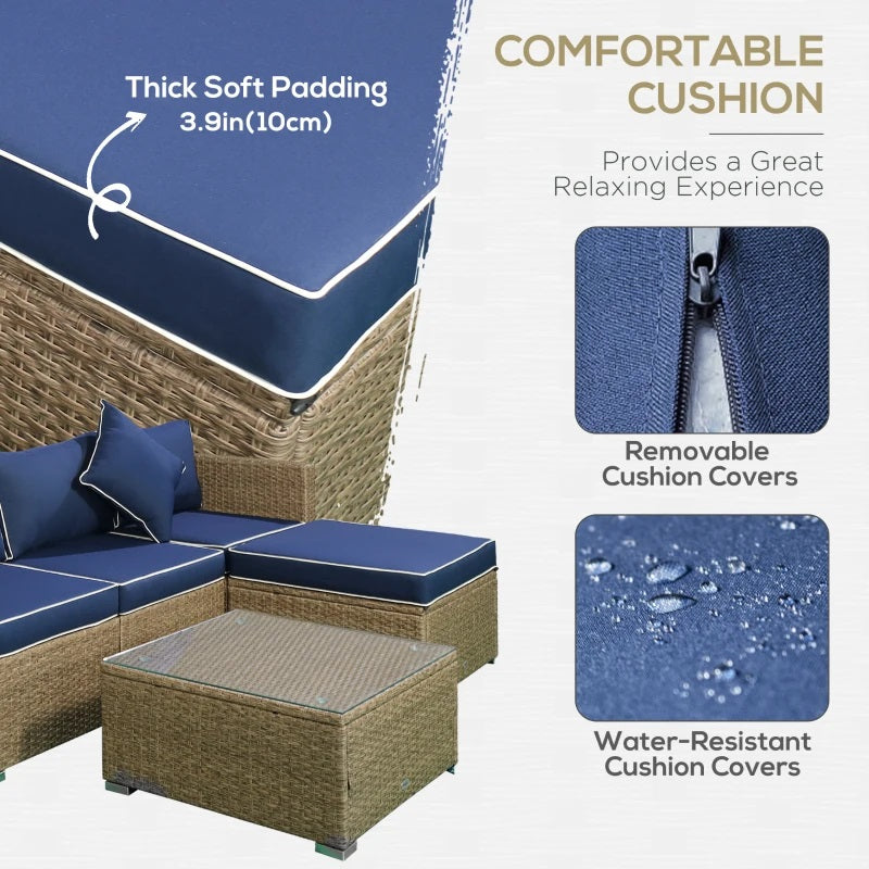 Century Bay 6 Piece Outdoor Patio Sectional Sofa and Table Set - Navy / Taupe