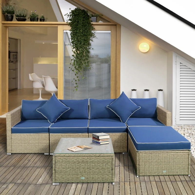 Century Bay 6 Piece Outdoor Patio Sectional Sofa and Table Set - Navy / Taupe