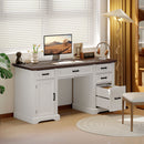 Clover Hollow 58" Home Office Executive Desk with Soft-Close Drawers, Farmhouse Executive Desk with Letter Size File Drawer, White