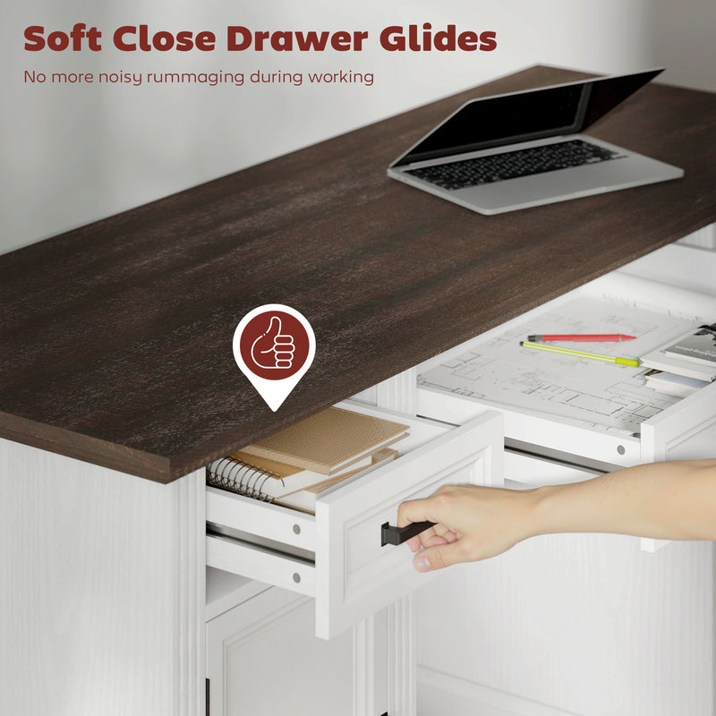 Clover Hollow 58" Home Office Executive Desk with Soft-Close Drawers, Farmhouse Executive Desk with Letter Size File Drawer, White