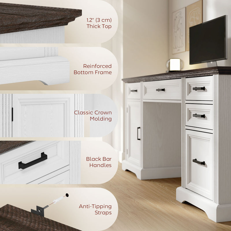 Clover Hollow 58" Home Office Executive Desk with Soft-Close Drawers, Farmhouse Executive Desk with Letter Size File Drawer, White