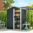 Gray metal storage shed 4.5 x 3ft with open door, filled with items, in a garden setting.