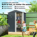 Children playing near a small metal shed in the backyard with text highlighting features like rain, snow, and rust protection.