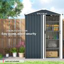 4.5 x 3ft dark grey metal storage shed with lockable sliding door in outdoor setting