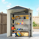 Outdoor storage shed with various items on shelves against a blue sky.