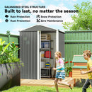 Small light grey storage shed with children playing in a garden, highlighting features like rain, snow, and rust protection.