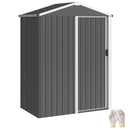 Small gray metal storage shed with a white door on a white background with a pair of gloves 