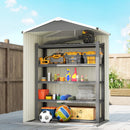 Outdoor storage shed cut out showing various items on shelves against a blue sky.