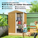 Small brown storage shed in backyard with sports equipment and tools inside