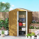 Small garden shed with brown wood grain finish with open door, shelves, and storage bins in a backyard setting