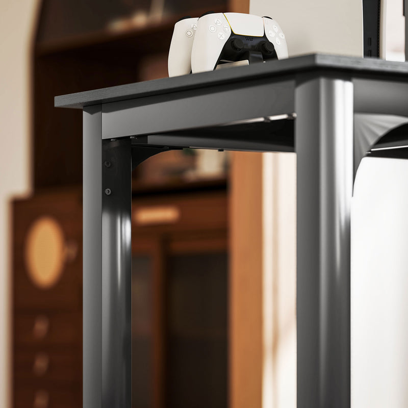 Black metal table with a blurred background