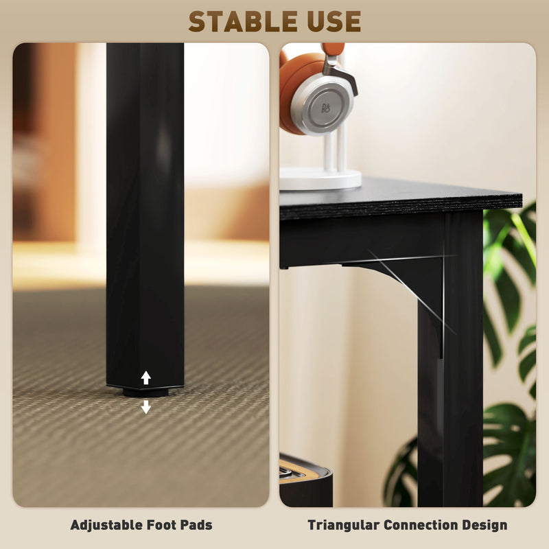 Black adjustable desk with triangular connection design and adjustable foot pads, featuring a blurred background.