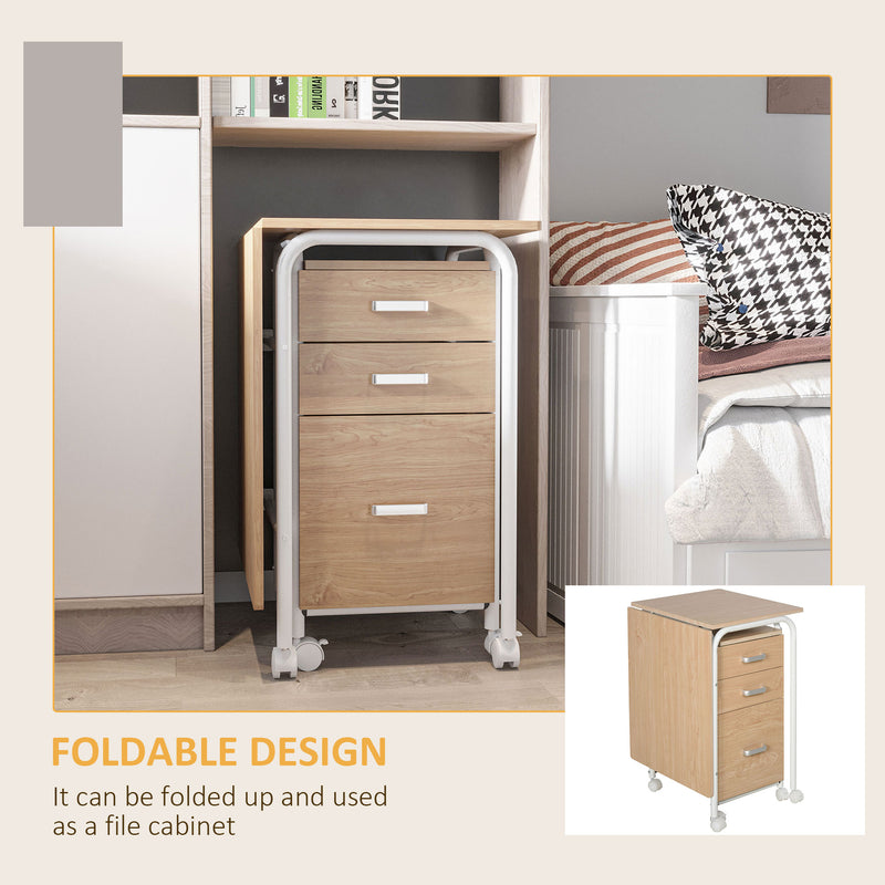 Convertix Folding Portable Computer Desk with Drawers and Rolling Castors - Natural Brown