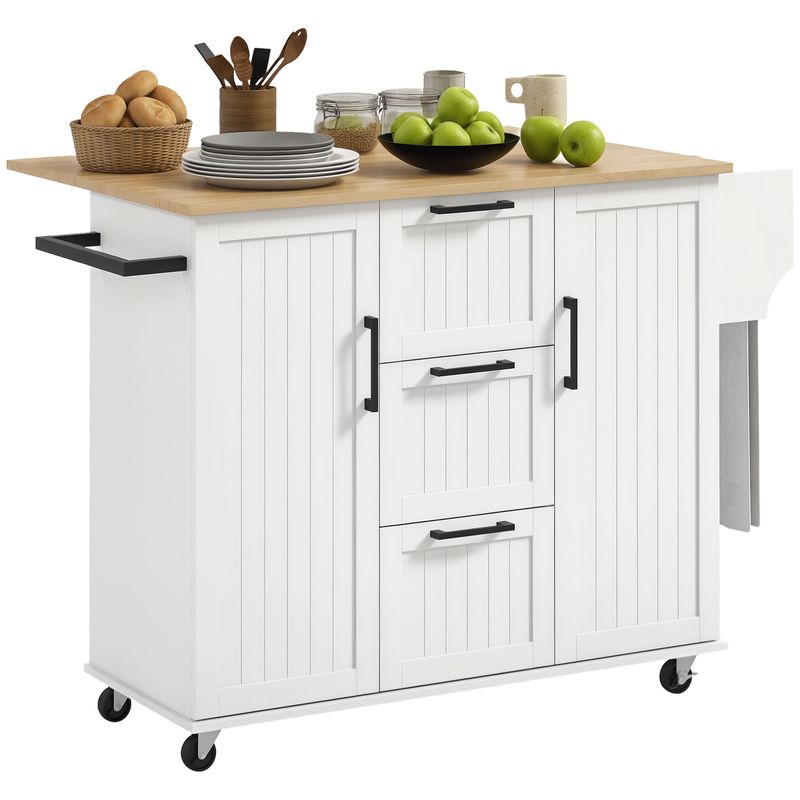 Coral Bay Rolling Kitchen Island Cart with Drop Leaf Table - White and Natural Wood