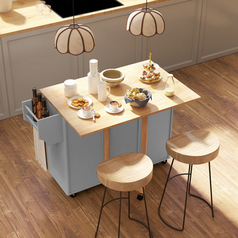 Coral Bay Rolling Kitchen Island Cart with Drop Leaf Table - Grey and Natural Wood