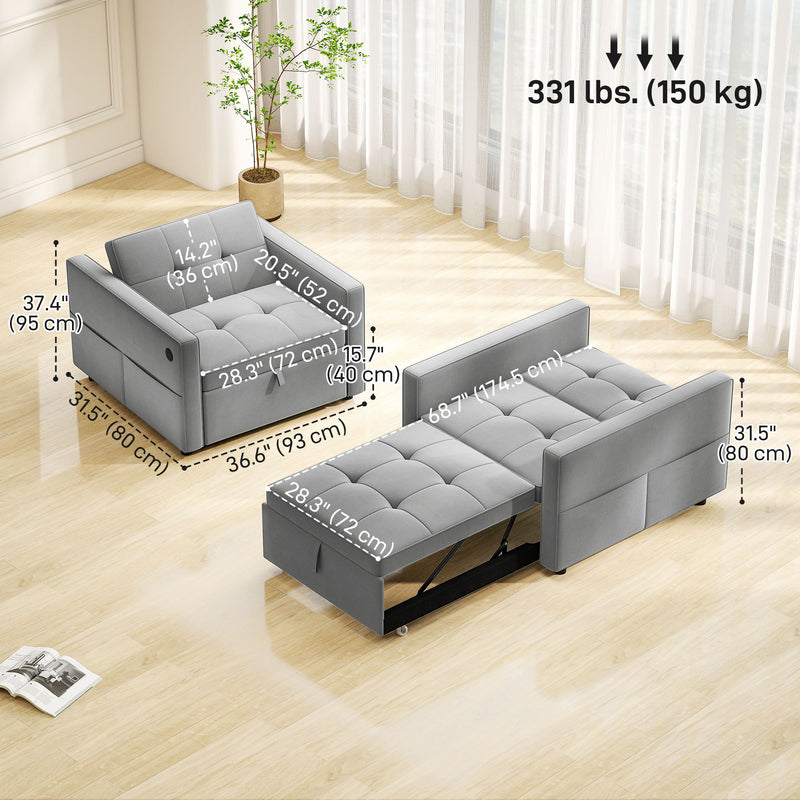 Divena Convertible Sleeper Chair With Adjustable Backrest and USB Charging Port - Grey