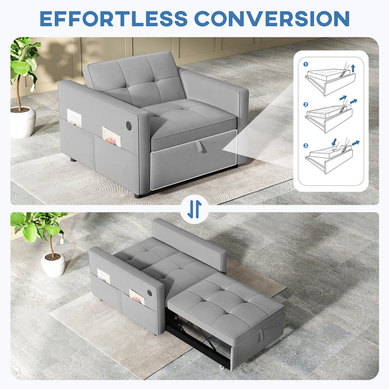 Divena Convertible Sleeper Chair With Adjustable Backrest and USB Charging Port - Grey