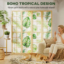 Living room with a decorative screen featuring tropical palm designs, a woman, and a dog.