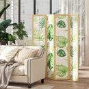 Room divider with green leaf pattern in a living room setting