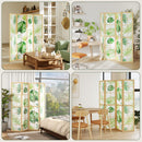 Collage of a tropical leaf-patterned room divider in various home settings.
