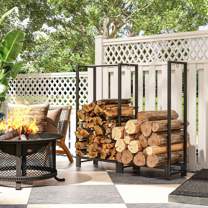 Dual Zone 4ft Steel Firewood Rack for Indoor and Outdoor Use Black