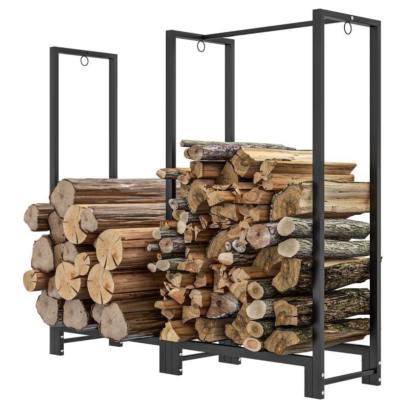 Dual Zone 4ft Steel Firewood Rack for Indoor and Outdoor Use Black