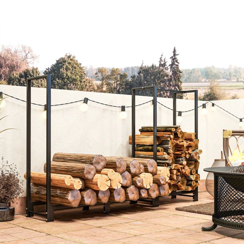 Dual Zone 6ft Steel Firewood Rack for Indoor and Outdoor Use Black