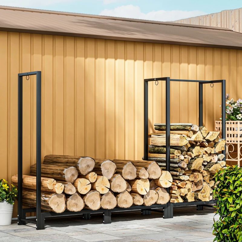 Dual Zone 6ft Steel Firewood Rack for Indoor and Outdoor Use Black