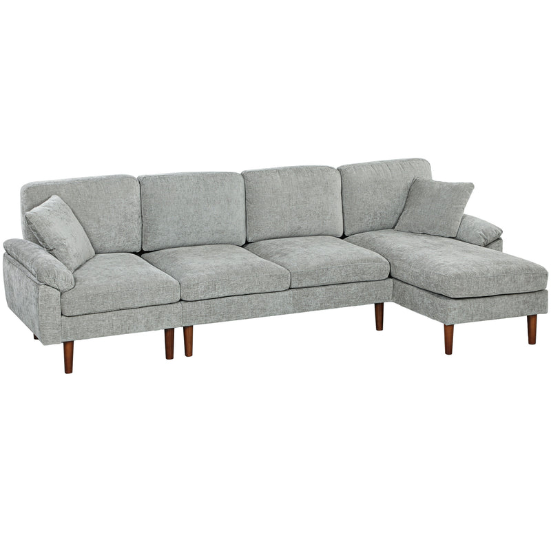 Light Grey Sofa Sectional with Chaise Lounge that is reversible on a White Background 