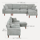 Gray sectional sofa with dimensions labeled on a white background