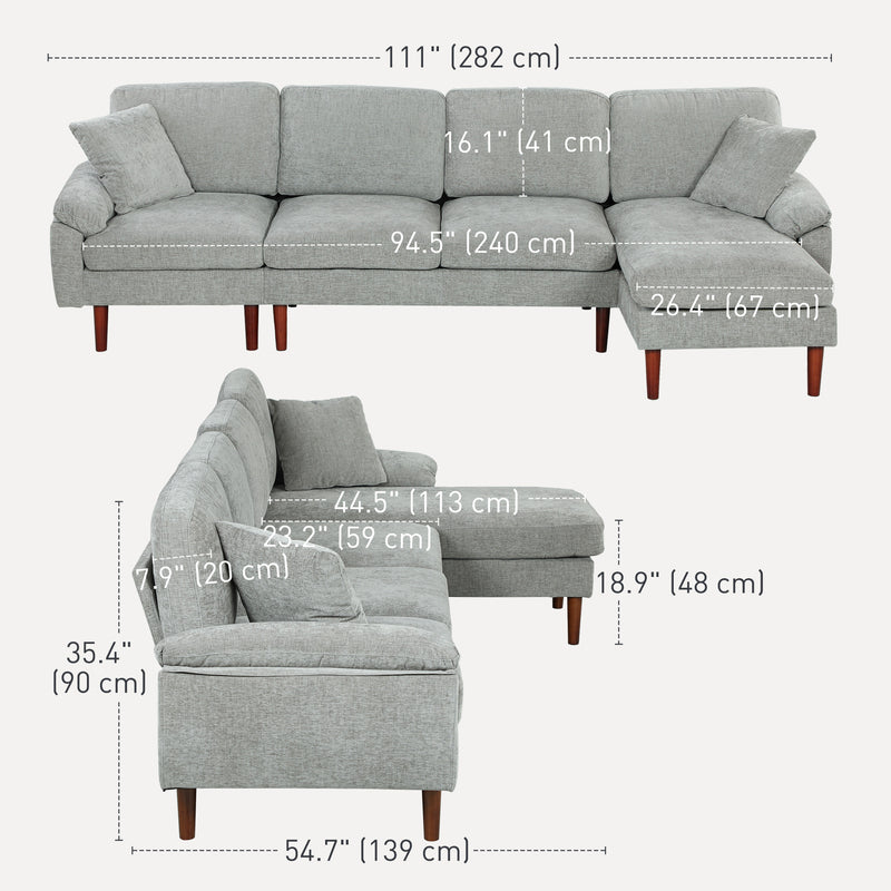 Gray sectional sofa with dimensions labeled on a white background