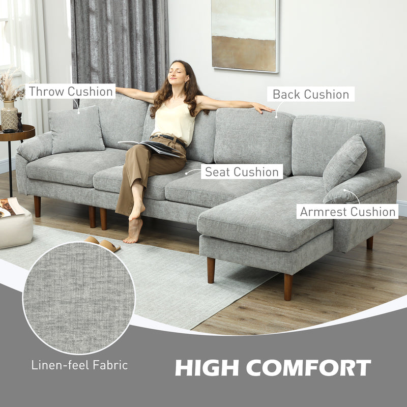 Woman relaxing on a gray sectional sofa with labeled cushions and linen-feel fabric detail.