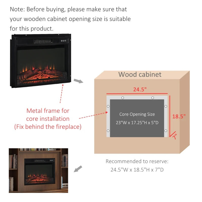 Electric Fireplace Insert and Remote for 23"W x 17.2"H Space with Realistic Log and Flames