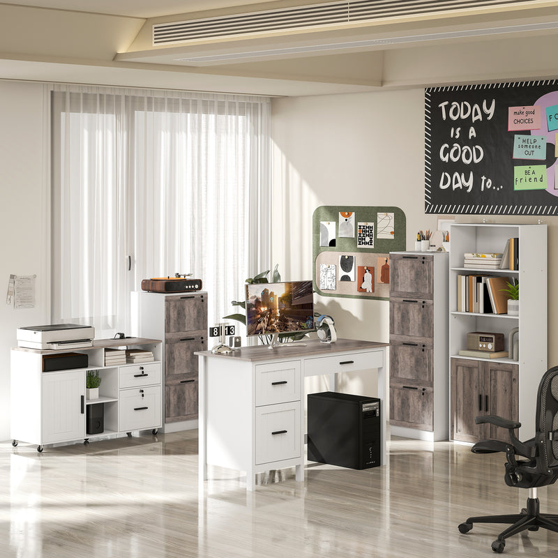 Emerson Modern White Farmhouse Student Desk with 3 Drawers, File Drawer for Small Spaces and Woodgrain Desktop