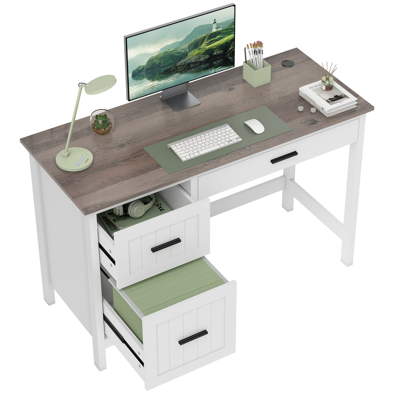 Emerson Modern White Farmhouse Student Desk with 3 Drawers, File Drawer for Small Spaces and Woodgrain Desktop