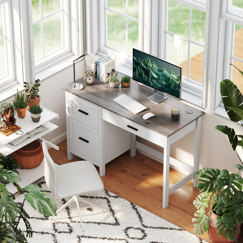 Emerson Modern White Farmhouse Student Desk with 3 Drawers, File Drawer for Small Spaces and Woodgrain Desktop