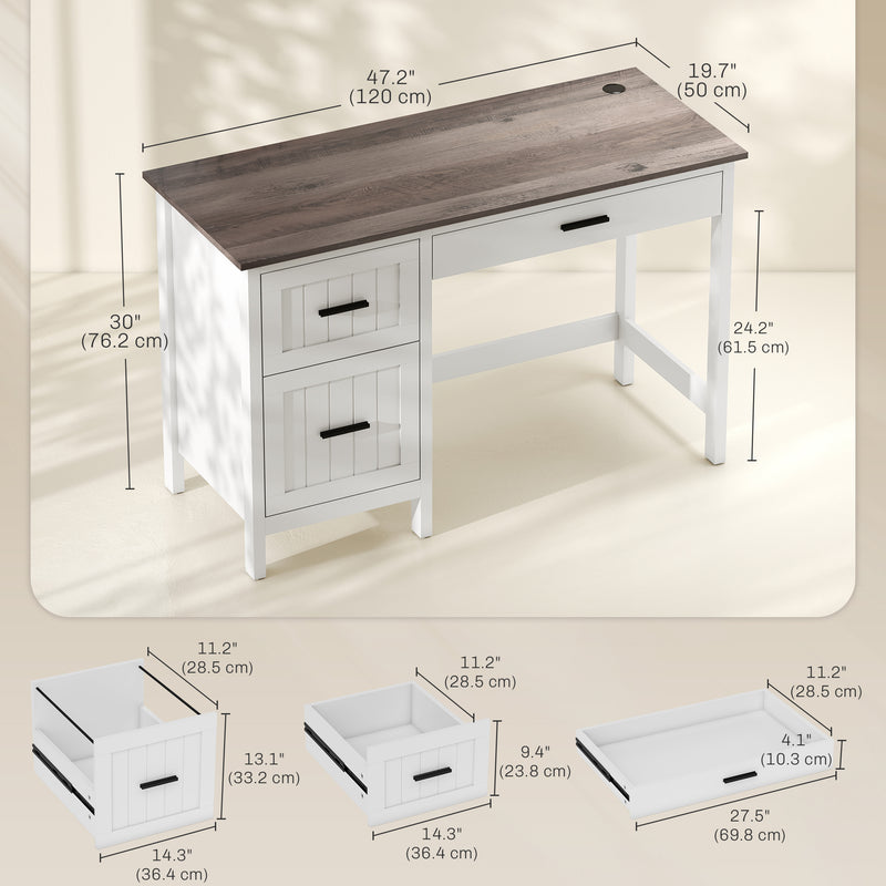 Emerson Modern White Farmhouse Student Desk with 3 Drawers, File Drawer for Small Spaces and Woodgrain Desktop