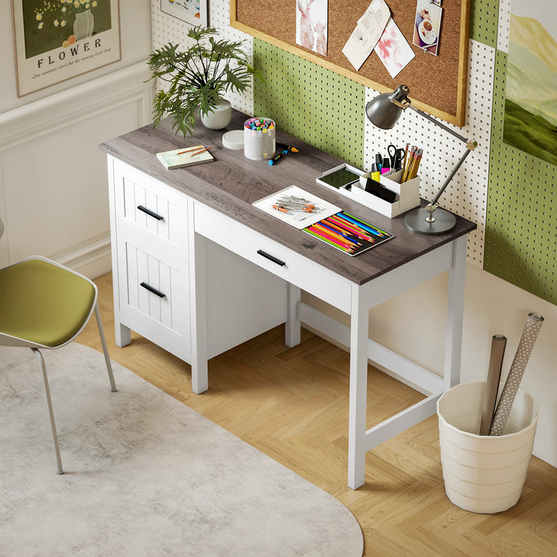 Emerson Modern White Farmhouse Student Desk with 3 Drawers, File Drawer for Small Spaces and Woodgrain Desktop