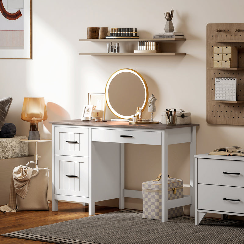 Emerson Modern White Farmhouse Student Desk with 3 Drawers, File Drawer for Small Spaces and Woodgrain Desktop