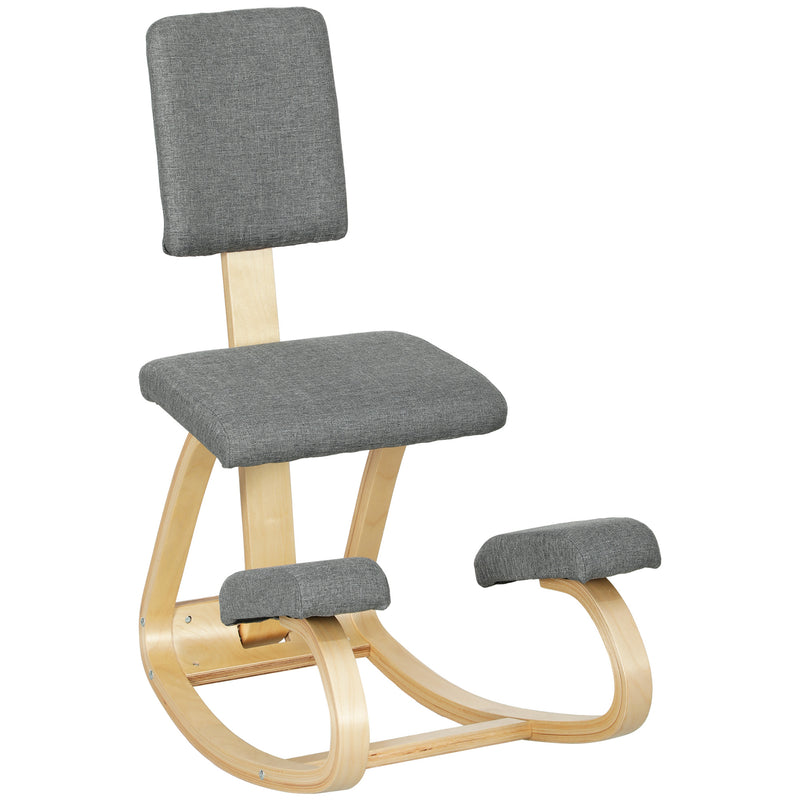 Ergonomic Kneeling Chair with Rocking Wood Kneeling Stool for Improved Back Posture - Natural Wood, Grey Upholstery