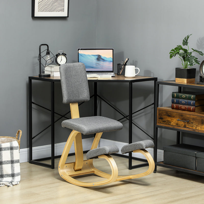Ergonomic Kneeling Chair with Rocking Wood Kneeling Stool for Improved Back Posture - Natural Wood, Grey Upholstery