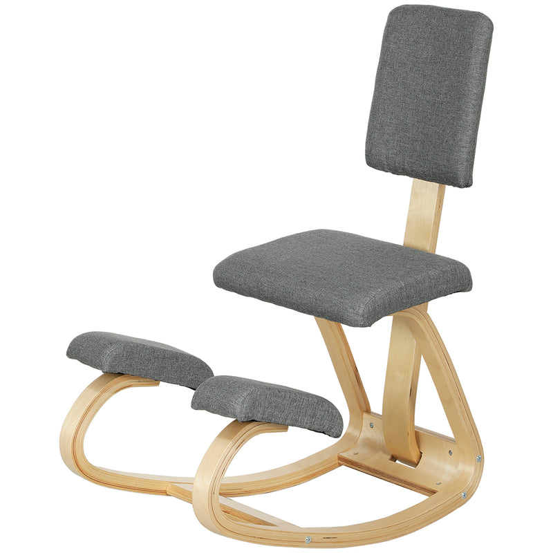 Ergonomic Kneeling Chair with Rocking Wood Kneeling Stool for Improved Back Posture - Natural Wood, Grey Upholstery