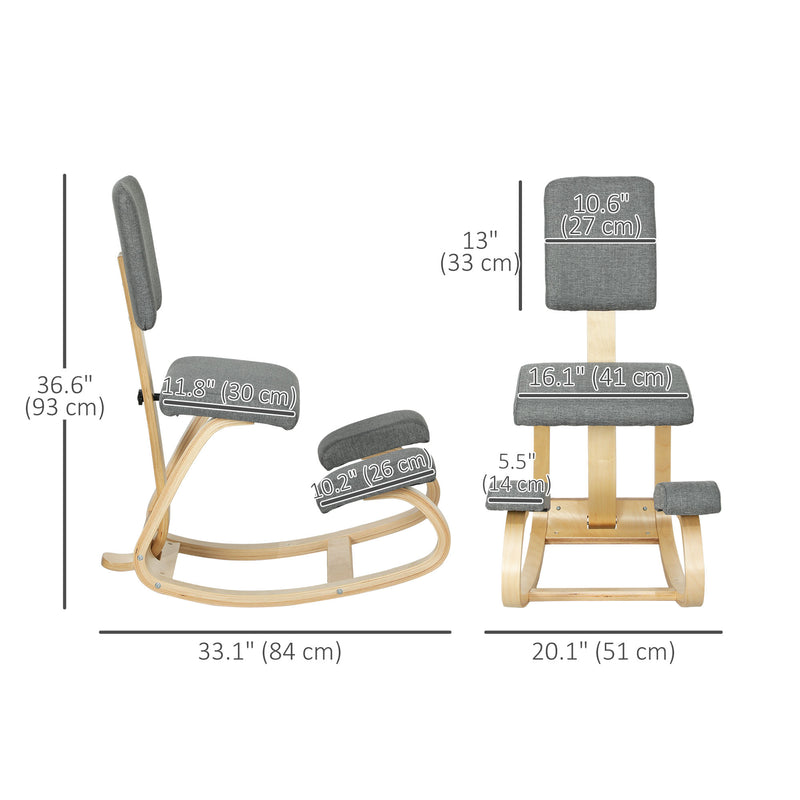 Ergonomic Kneeling Chair with Rocking Wood Kneeling Stool for Improved Back Posture - Natural Wood, Grey Upholstery