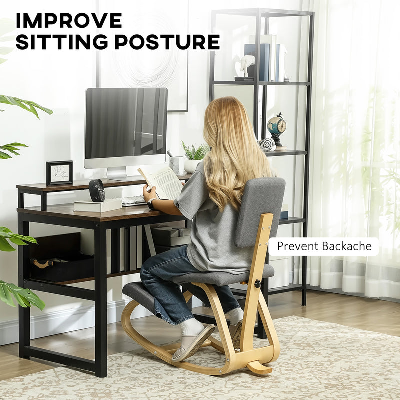 Ergonomic Kneeling Chair with Rocking Wood Kneeling Stool for Improved Back Posture - Natural Wood, Grey Upholstery