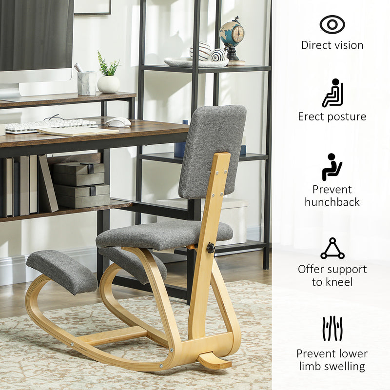 Ergonomic Kneeling Chair with Rocking Wood Kneeling Stool for Improved Back Posture - Natural Wood, Grey Upholstery