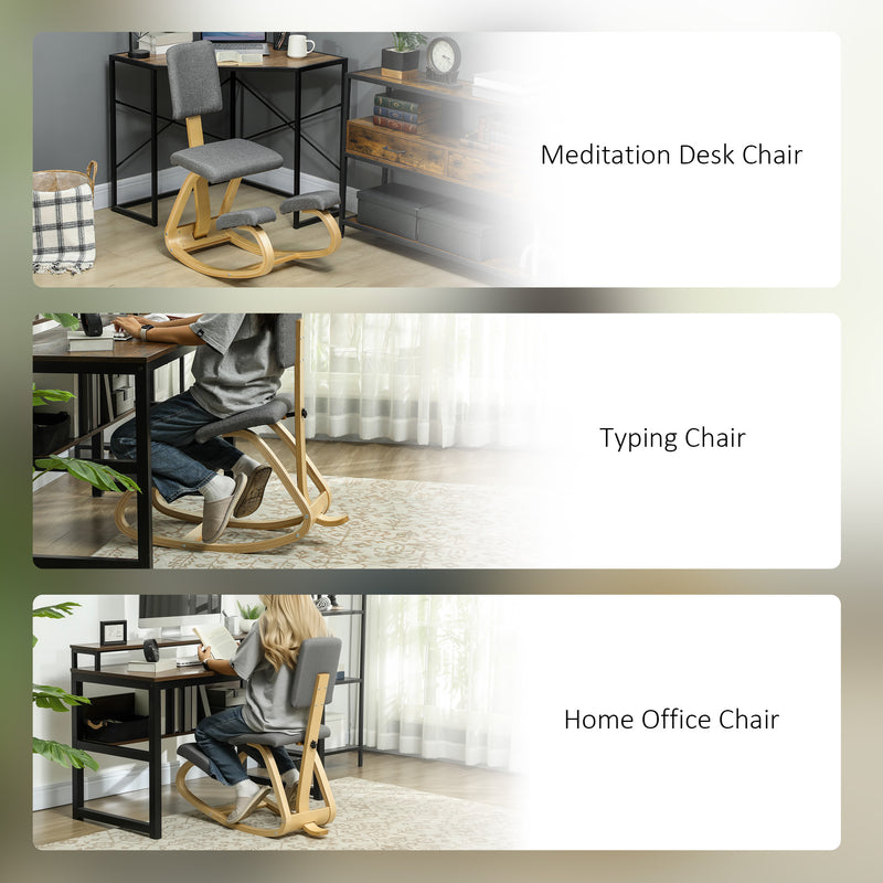 Ergonomic Kneeling Chair with Rocking Wood Kneeling Stool for Improved Back Posture - Natural Wood, Grey Upholstery