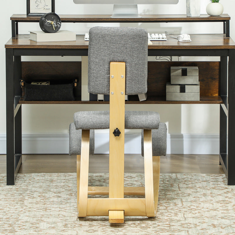 Ergonomic Kneeling Chair with Rocking Wood Kneeling Stool for Improved Back Posture - Natural Wood, Grey Upholstery